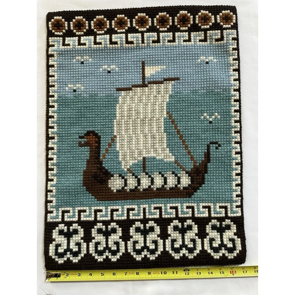 NORWEGIAN VIKING DRAGON SHIP DESIGN DOUBLE CROSS STITCH EMBROIDERY WALLHANGER